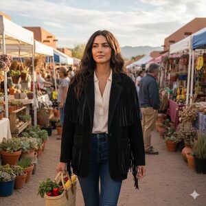 VTG Contempo Casuals 100% Leather Black Fringe Jacket Sz Small